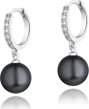 CERSLIMO Pearl Drop Earrings for Women | S925 Sterling Silver Post Simulated Shell Pearl Hoop Dangle Earrings, Hypoallergenic Cubic Zirconia Huggies Earrings Bridesmaid Jewelry