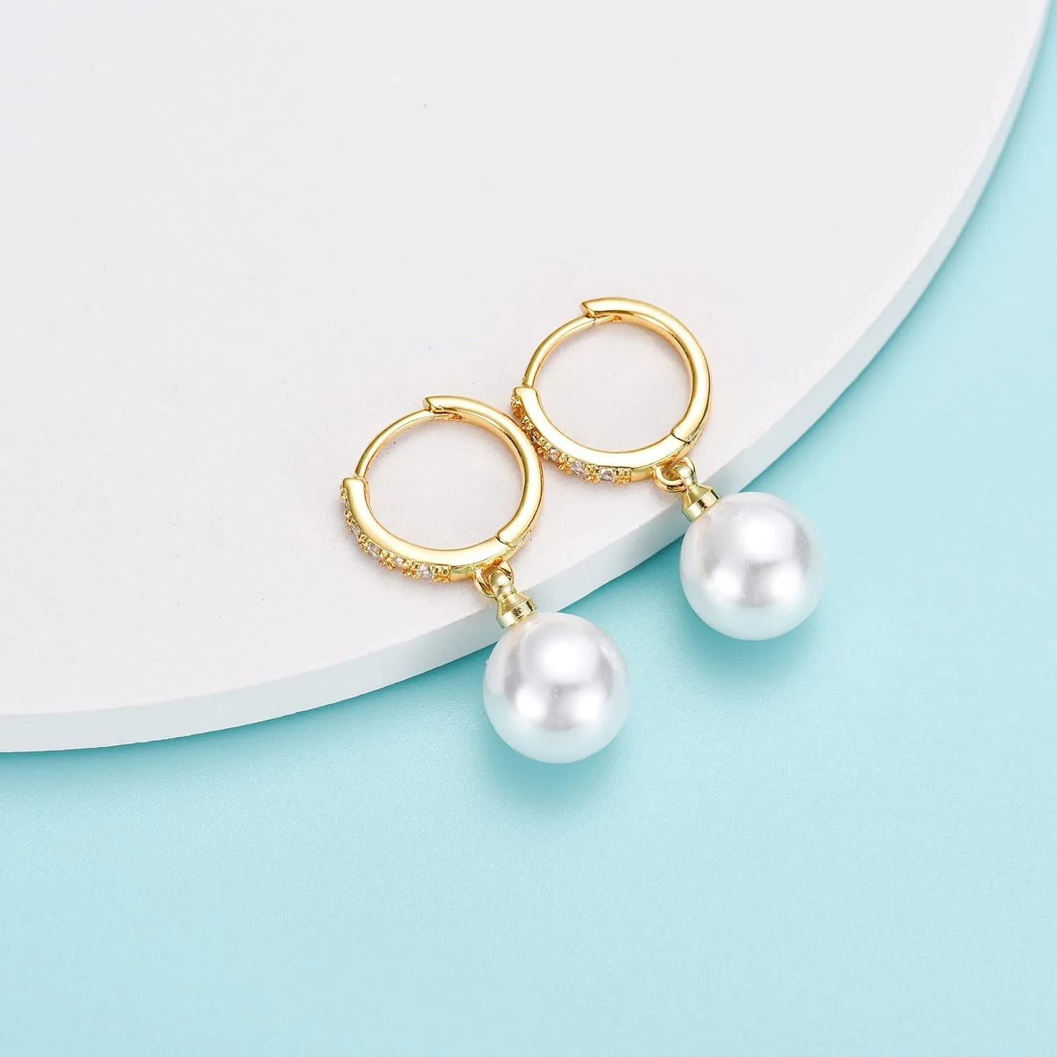 CERSLIMO Pearl Drop Earrings for Women | S925 Sterling Silver Post Simulated Shell Pearl Hoop Dangle Earrings, Hypoallergenic Cubic Zirconia Huggies Earrings Bridesmaid Jewelry