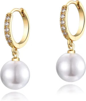 CERSLIMO Pearl Drop Earrings for Women | S925 Sterling Silver Post Simulated Shell Pearl Hoop Dangle Earrings, Hypoallergenic Cubic Zirconia Huggies Earrings Bridesmaid Jewelry