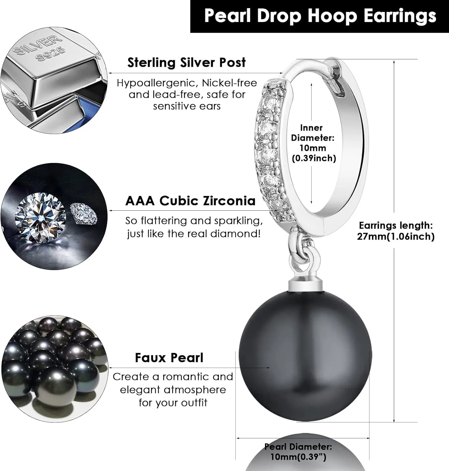CERSLIMO Pearl Drop Earrings for Women | S925 Sterling Silver Post Simulated Shell Pearl Hoop Dangle Earrings, Hypoallergenic Cubic Zirconia Huggies Earrings Bridesmaid Jewelry