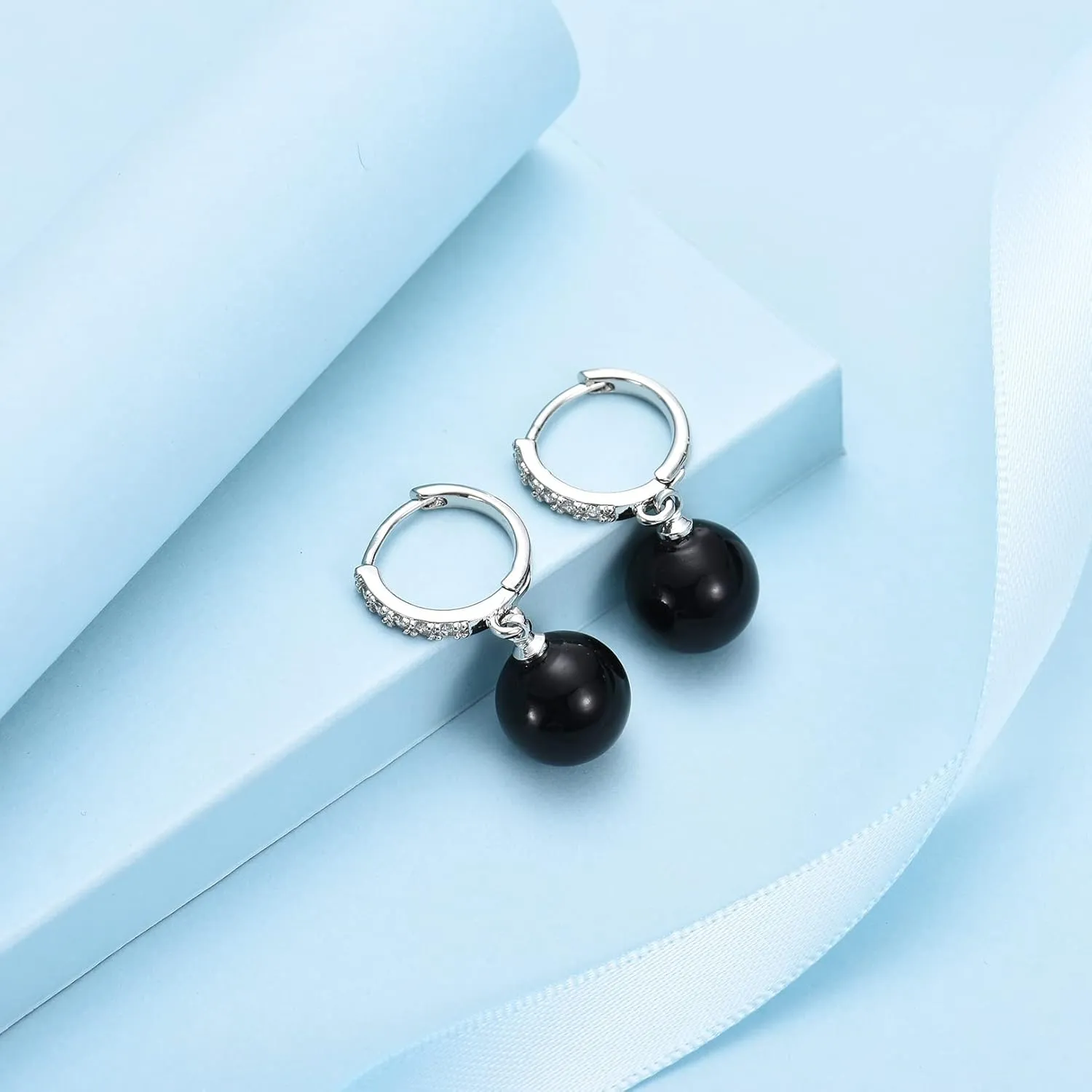 CERSLIMO Pearl Drop Earrings for Women | S925 Sterling Silver Post Simulated Shell Pearl Hoop Dangle Earrings, Hypoallergenic Cubic Zirconia Huggies Earrings Bridesmaid Jewelry