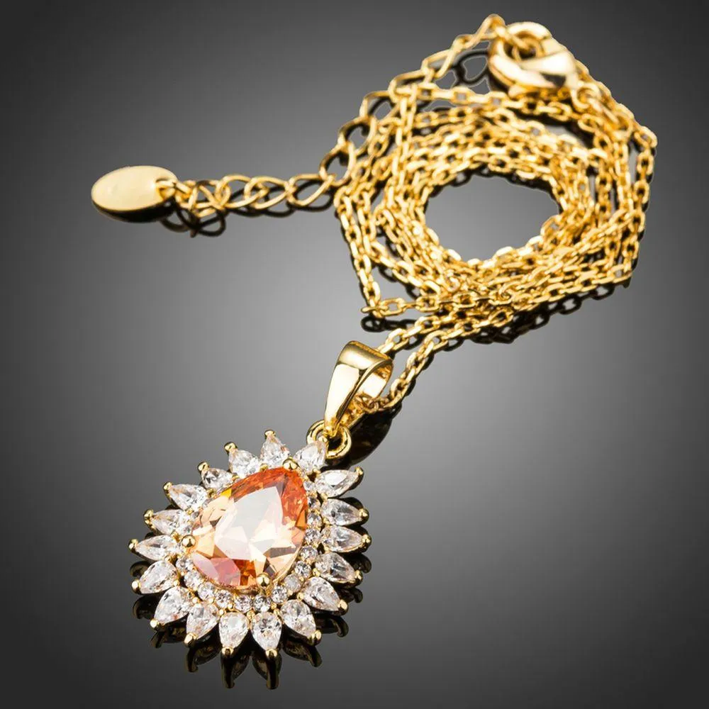 Champagne Cubic Zirconia Sunflower Pendant Necklace KPN0227