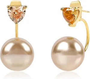 Champagne Pearl Jacket Earrings for Women with Cubic Zirconia Heart 14K Gold Plated Pearl Stud Earrings Elegant Front Back Simulated Pearl Earrings Bridal Wedding Party Jewelry Gifts for Women