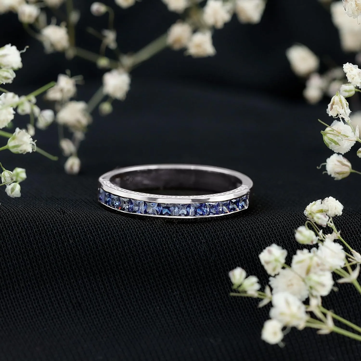 Channel Set Created Blue Sapphire Wedding Anniversary Ring, 1 cttw, Stackable Gemstone Jewelry