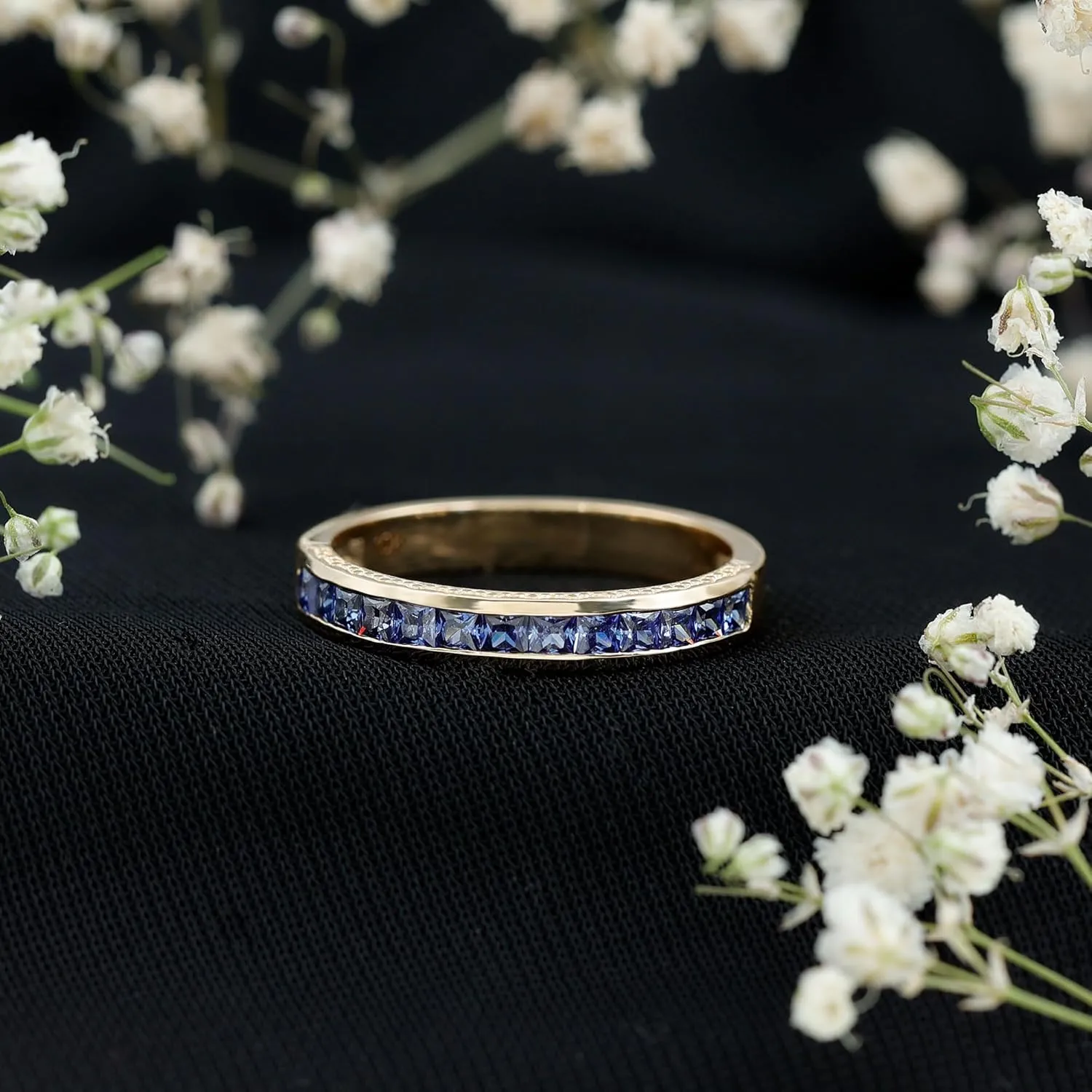 Channel Set Created Blue Sapphire Wedding Anniversary Ring, 1 cttw, Stackable Gemstone Jewelry
