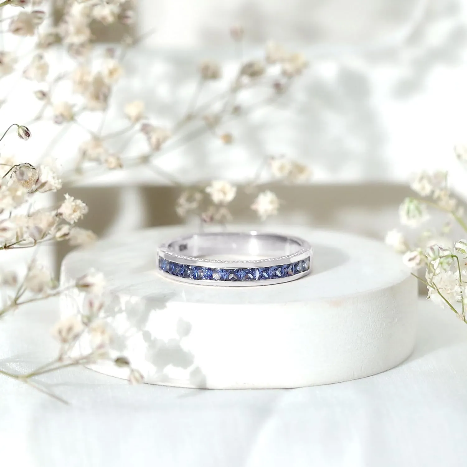 Channel Set Created Blue Sapphire Wedding Anniversary Ring, 1 cttw, Stackable Gemstone Jewelry