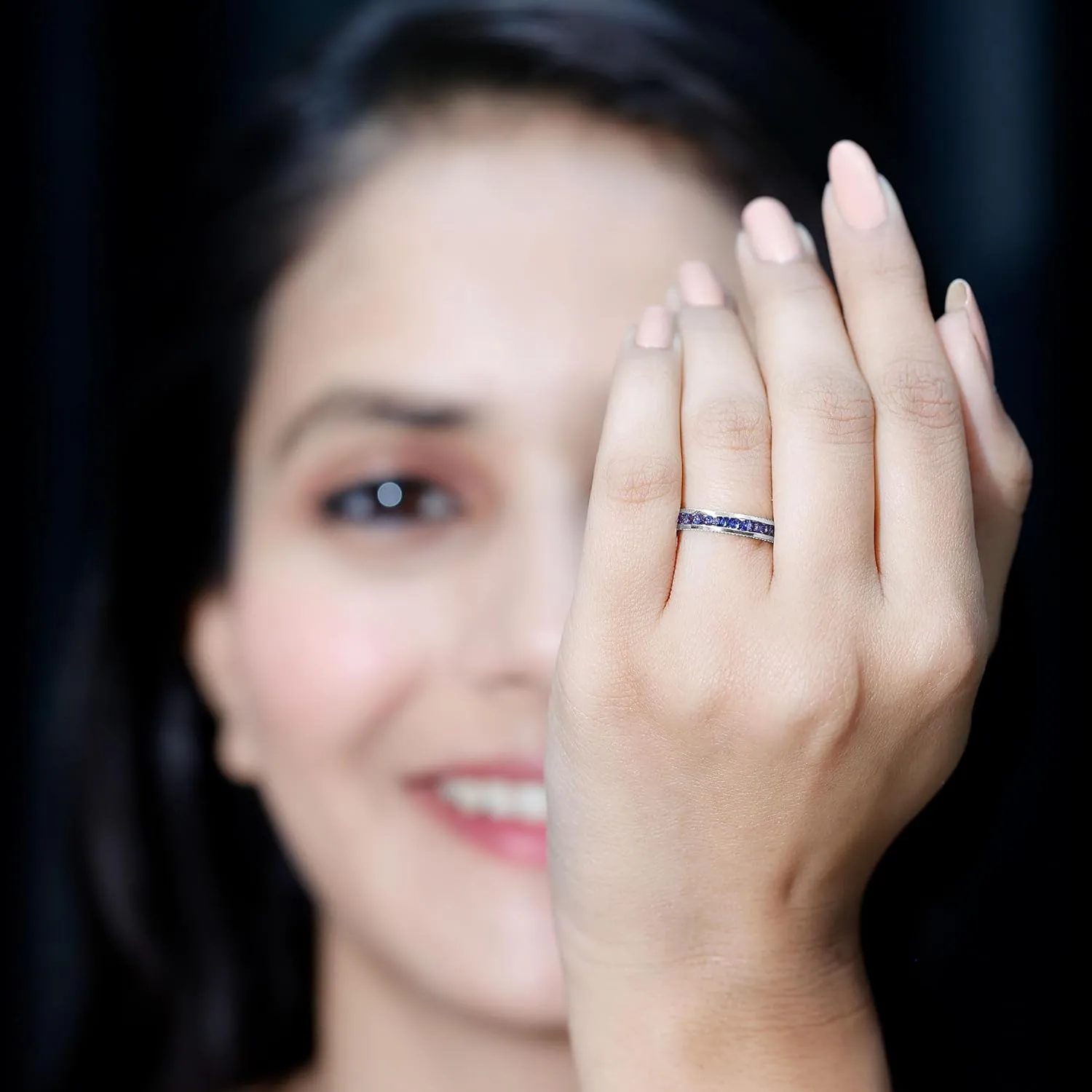 Channel Set Created Blue Sapphire Wedding Anniversary Ring, 1 cttw, Stackable Gemstone Jewelry