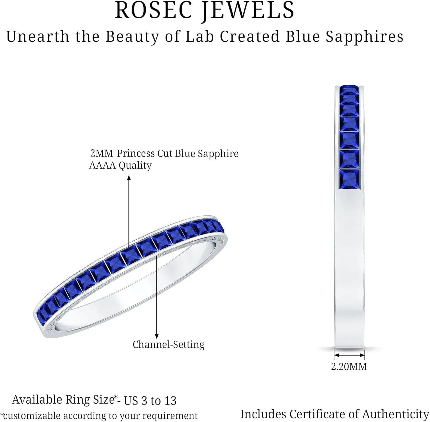 Channel Set Created Blue Sapphire Wedding Anniversary Ring, 1 cttw, Stackable Gemstone Jewelry