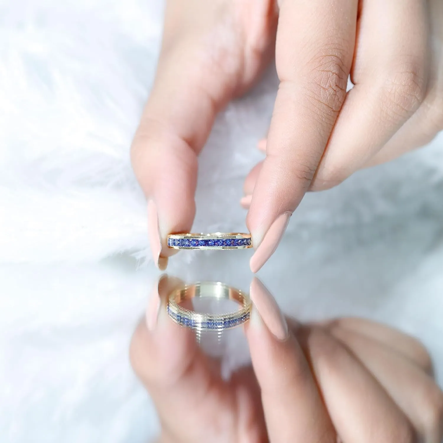 Channel Set Created Blue Sapphire Wedding Anniversary Ring, 1 cttw, Stackable Gemstone Jewelry