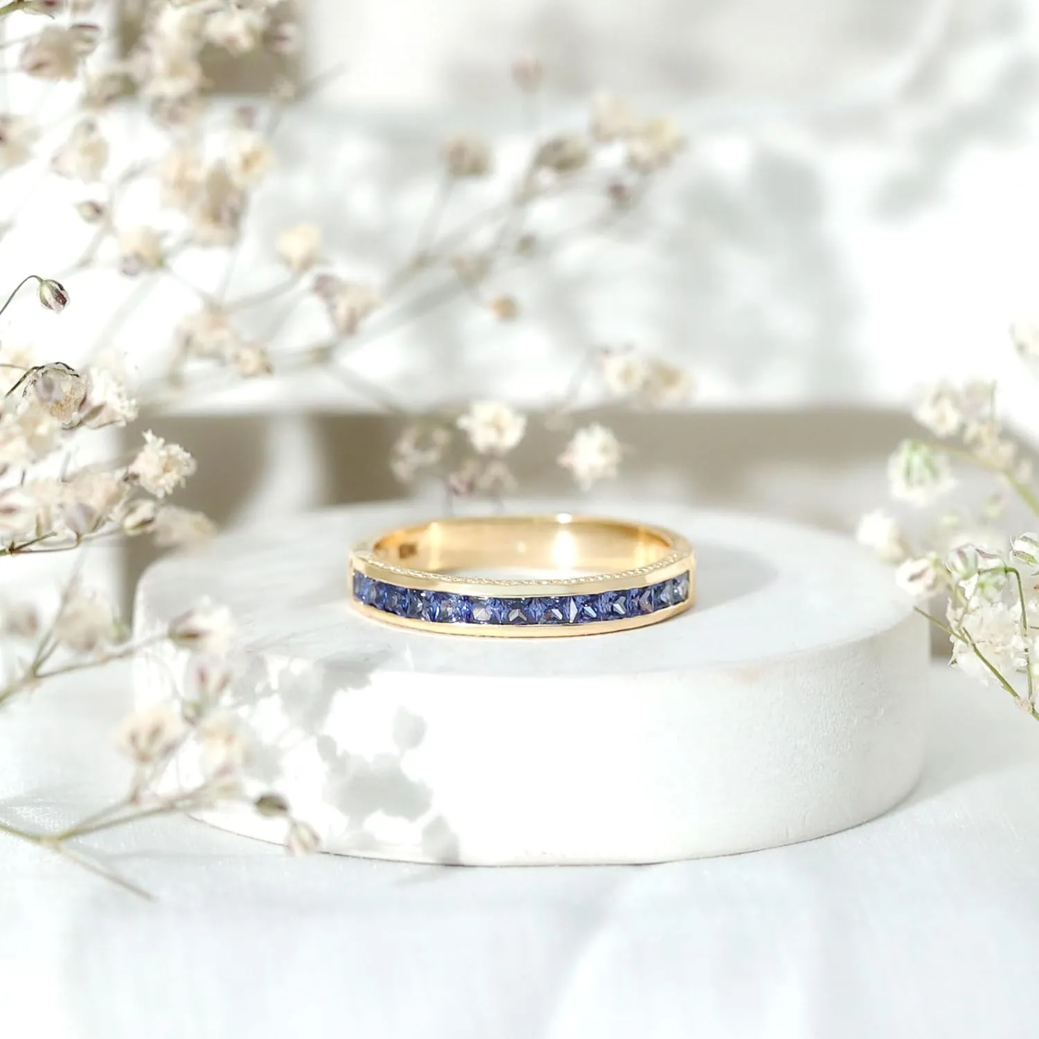Channel Set Created Blue Sapphire Wedding Anniversary Ring, 1 cttw, Stackable Gemstone Jewelry