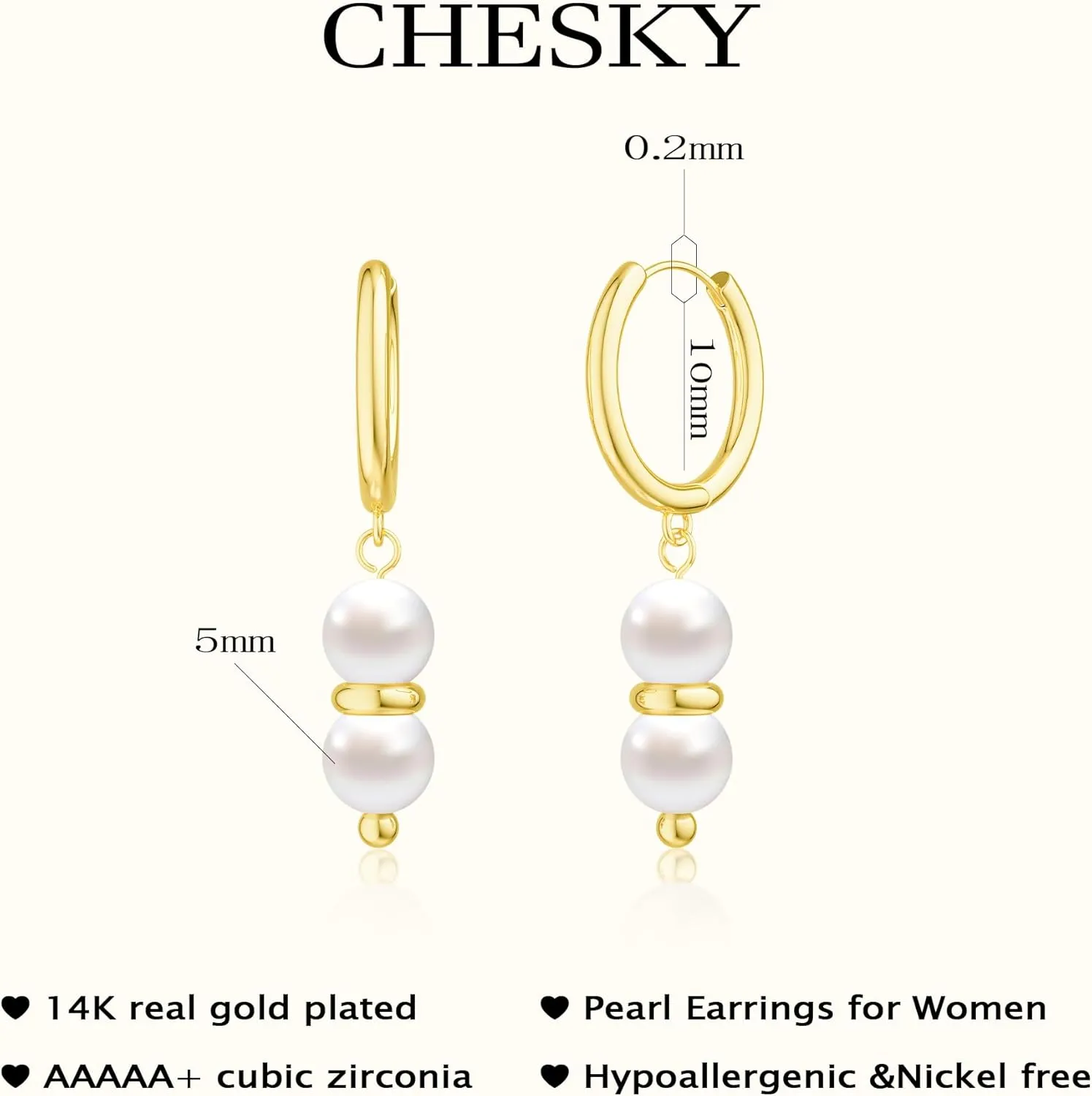 CHESKY Dainty Pearl Earrings for Women Trendy, Hypoallergenic Gold Plated Pearl Huggie Hoop Earrings for Women Non Tarnish, Cute 14K Gold Bridal Dangle Earrings for Wedding Jewelry