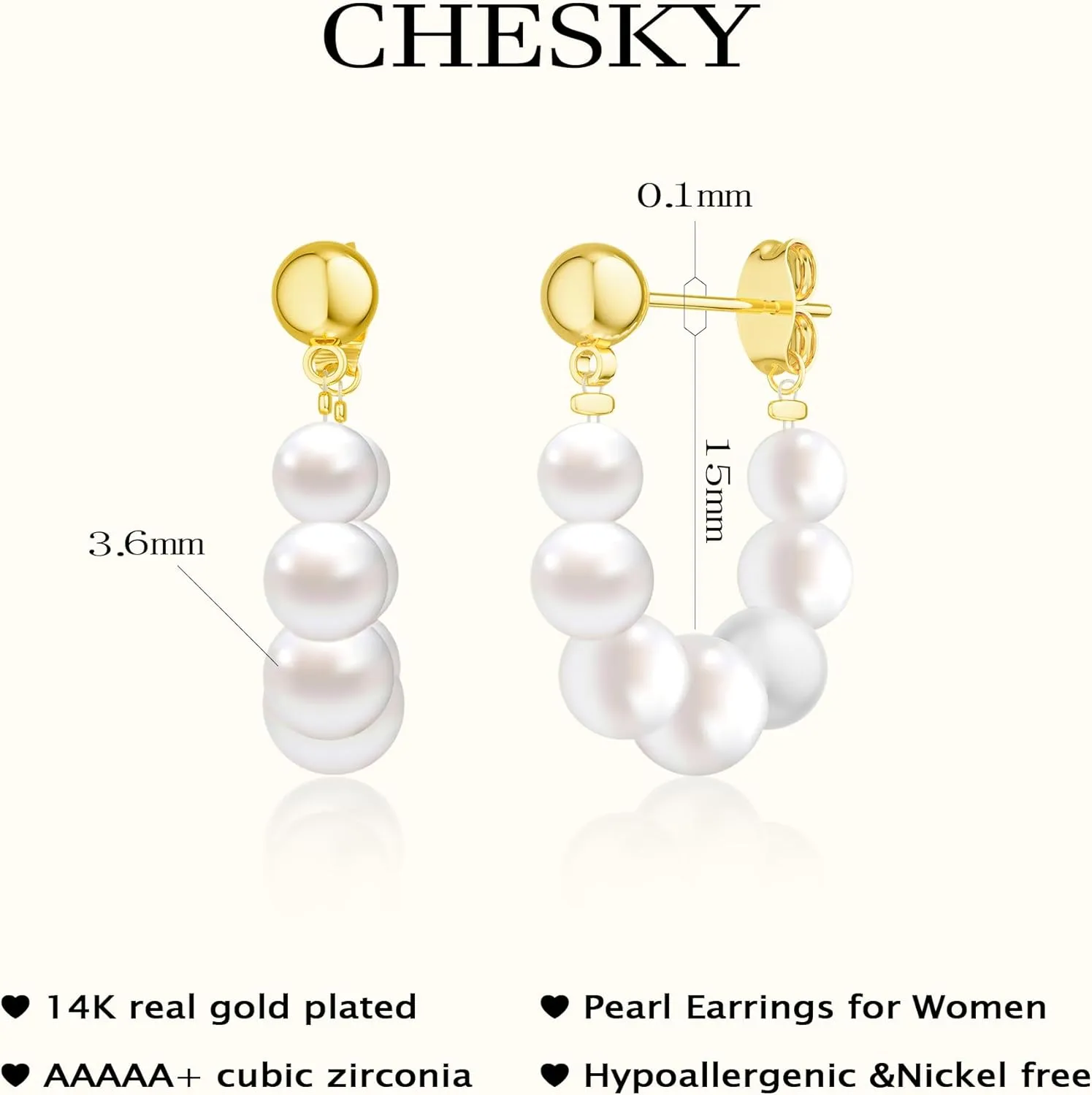 CHESKY Dainty Pearl Earrings for Women Trendy, Hypoallergenic Gold Plated Pearl Huggie Hoop Earrings for Women Non Tarnish, Cute 14K Gold Bridal Dangle Earrings for Wedding Jewelry