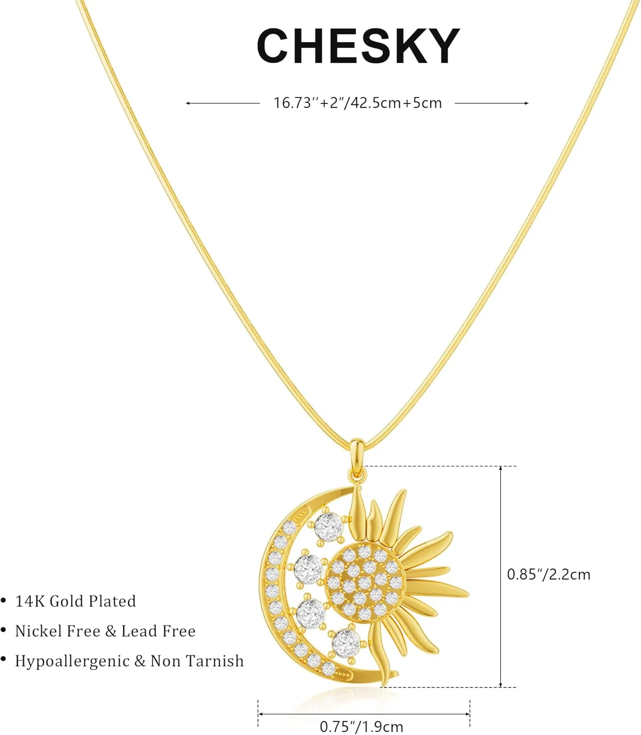 CHESKY Gold Pendant Necklace for Women, 14K Gold Plated Cubic Zirconia Dainty Sun and Moon Necklace Cute Minimalist Diamond Gemstone Turquoise Chain Choker Sunflower Necklace Jewelry Gifts for Women