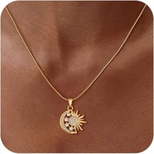 CHESKY Gold Pendant Necklace for Women, 14K Gold Plated Cubic Zirconia Dainty Sun and Moon Necklace Cute Minimalist Diamond Gemstone Turquoise Chain Choker Sunflower Necklace Jewelry Gifts for Women