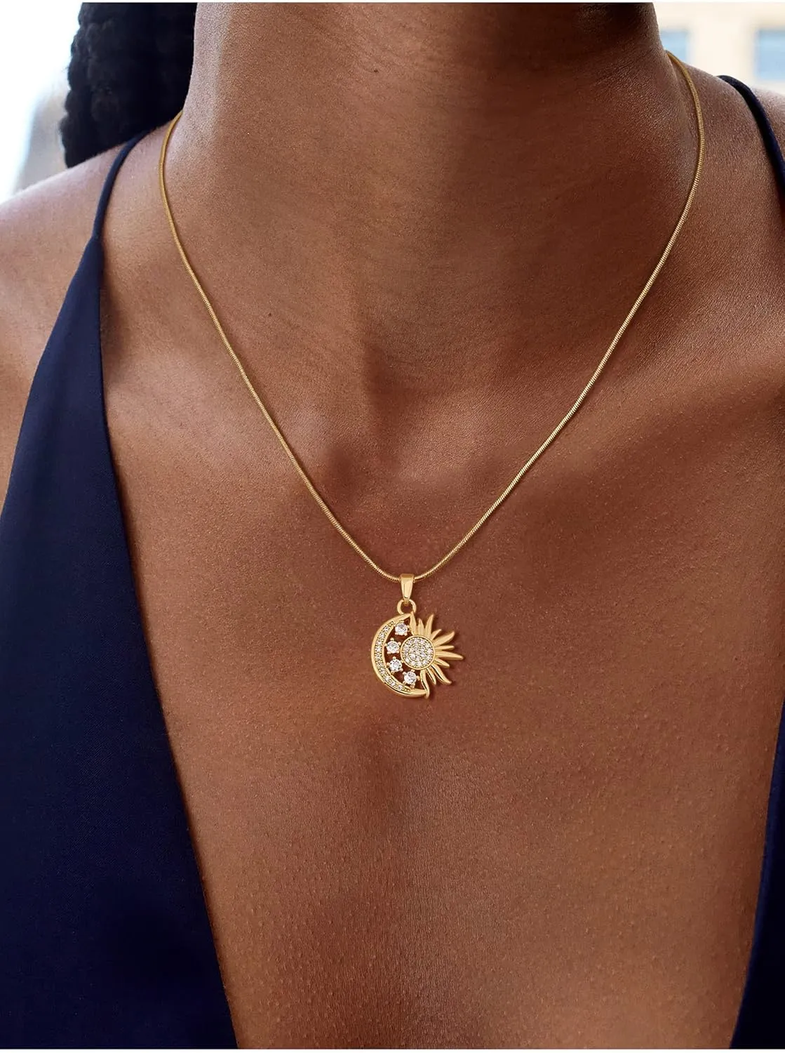 CHESKY Gold Pendant Necklace for Women, 14K Gold Plated Cubic Zirconia Dainty Sun and Moon Necklace Cute Minimalist Diamond Gemstone Turquoise Chain Choker Sunflower Necklace Jewelry Gifts for Women