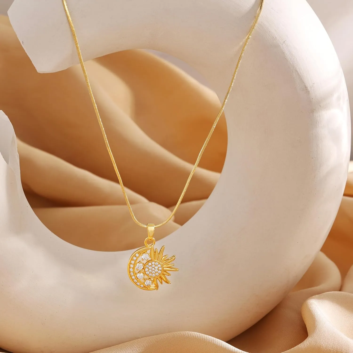 CHESKY Gold Pendant Necklace for Women, 14K Gold Plated Cubic Zirconia Dainty Sun and Moon Necklace Cute Minimalist Diamond Gemstone Turquoise Chain Choker Sunflower Necklace Jewelry Gifts for Women