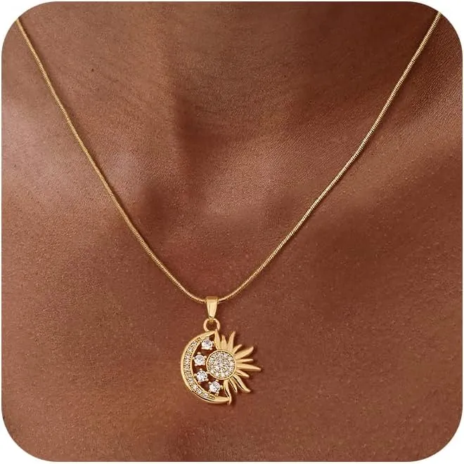 CHESKY Gold Pendant Necklace for Women, 14K Gold Plated Cubic Zirconia Dainty Sun and Moon Necklace Cute Minimalist Diamond Gemstone Turquoise Chain Choker Sunflower Necklace Jewelry Gifts for Women