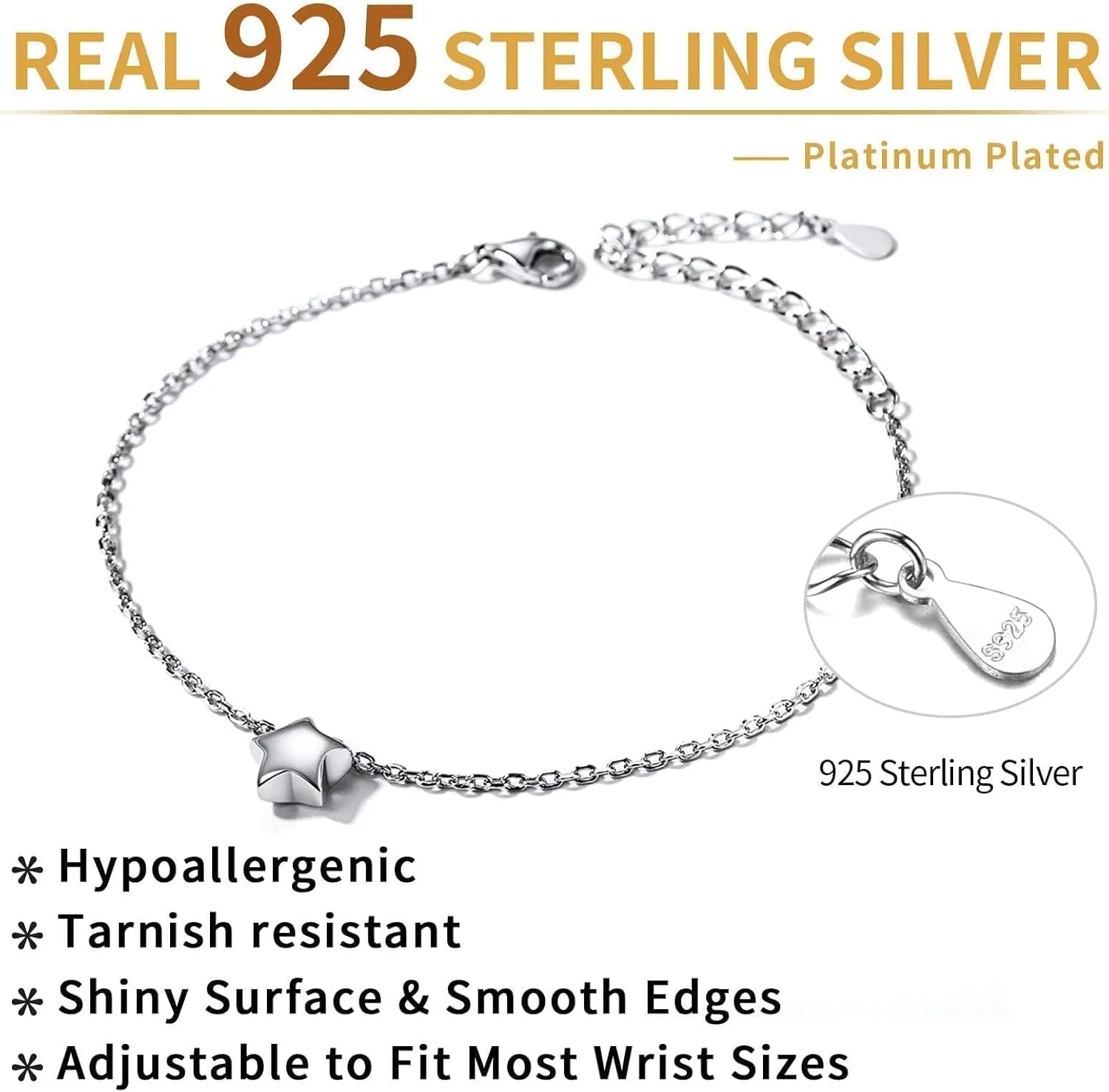 ChicSilver Personalized Tiny Heart/Star/Moon/Dot/Lotus Bracelet, Sterling Silver Dainty Link Chain Bracelet for Women Silver/Gold/Rose Gold(with Gift Box)