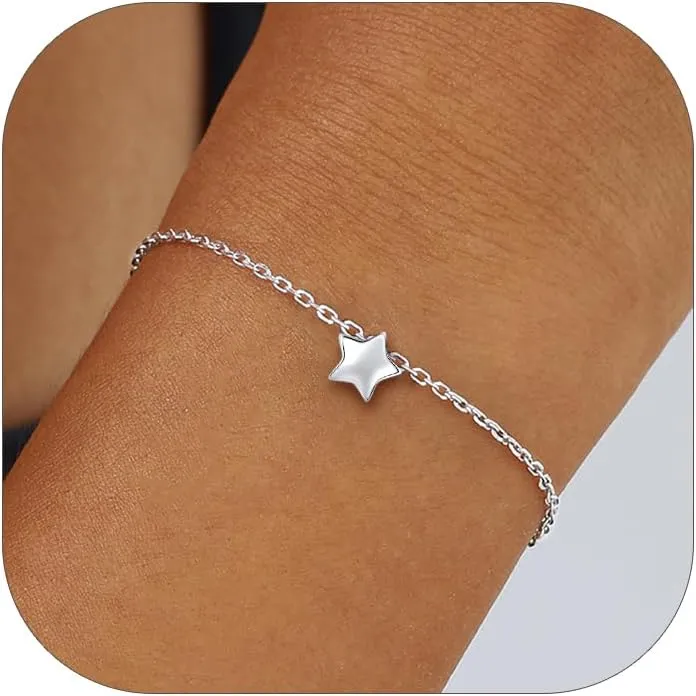 ChicSilver Personalized Tiny Heart/Star/Moon/Dot/Lotus Bracelet, Sterling Silver Dainty Link Chain Bracelet for Women Silver/Gold/Rose Gold(with Gift Box)