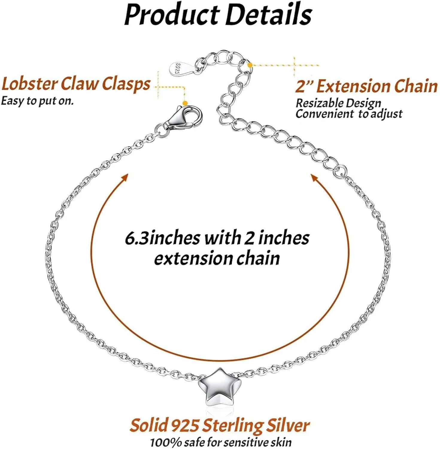 ChicSilver Personalized Tiny Heart/Star/Moon/Dot/Lotus Bracelet, Sterling Silver Dainty Link Chain Bracelet for Women Silver/Gold/Rose Gold(with Gift Box)