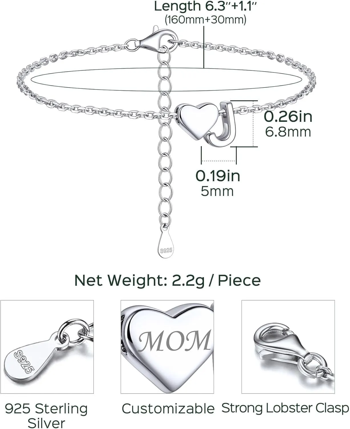 ChicSilver Sterling Silver Initial Bracelet Letters Personalized Heart Bracelet Hypoallergenic Dainty Bracelets for Women