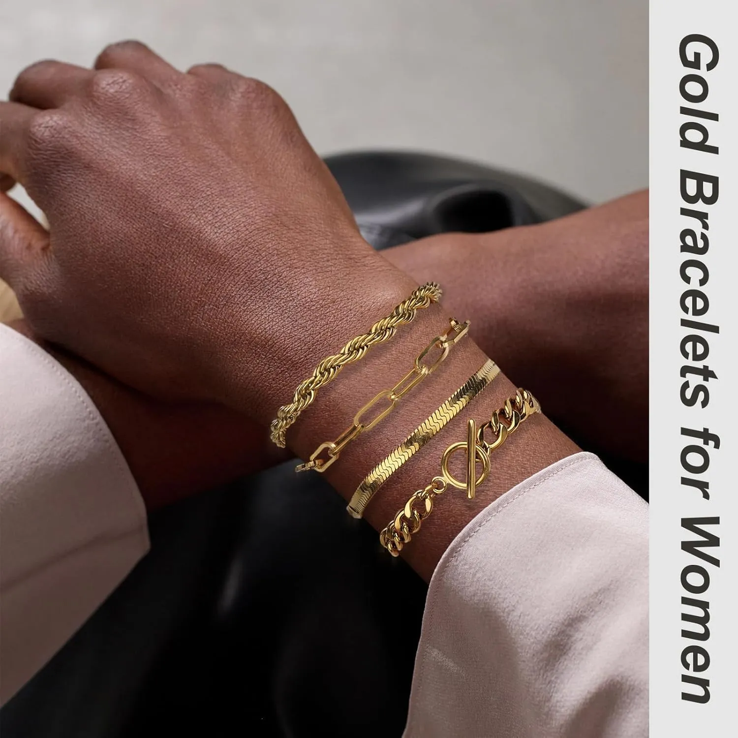 Chunky Gold Bracelets for Women, 14K Gold Plated Bracelet Stack Non Tarnish Layered Cable Chain Herringbone Snake Cuban Paperclip Bracelet for Women Gift
