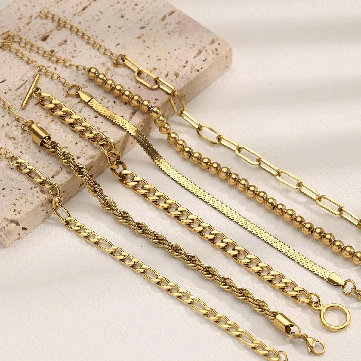 Chunky Gold Bracelets for Women, 14K Gold Plated Bracelet Stack Non Tarnish Layered Cable Chain Herringbone Snake Cuban Paperclip Bracelet for Women Gift