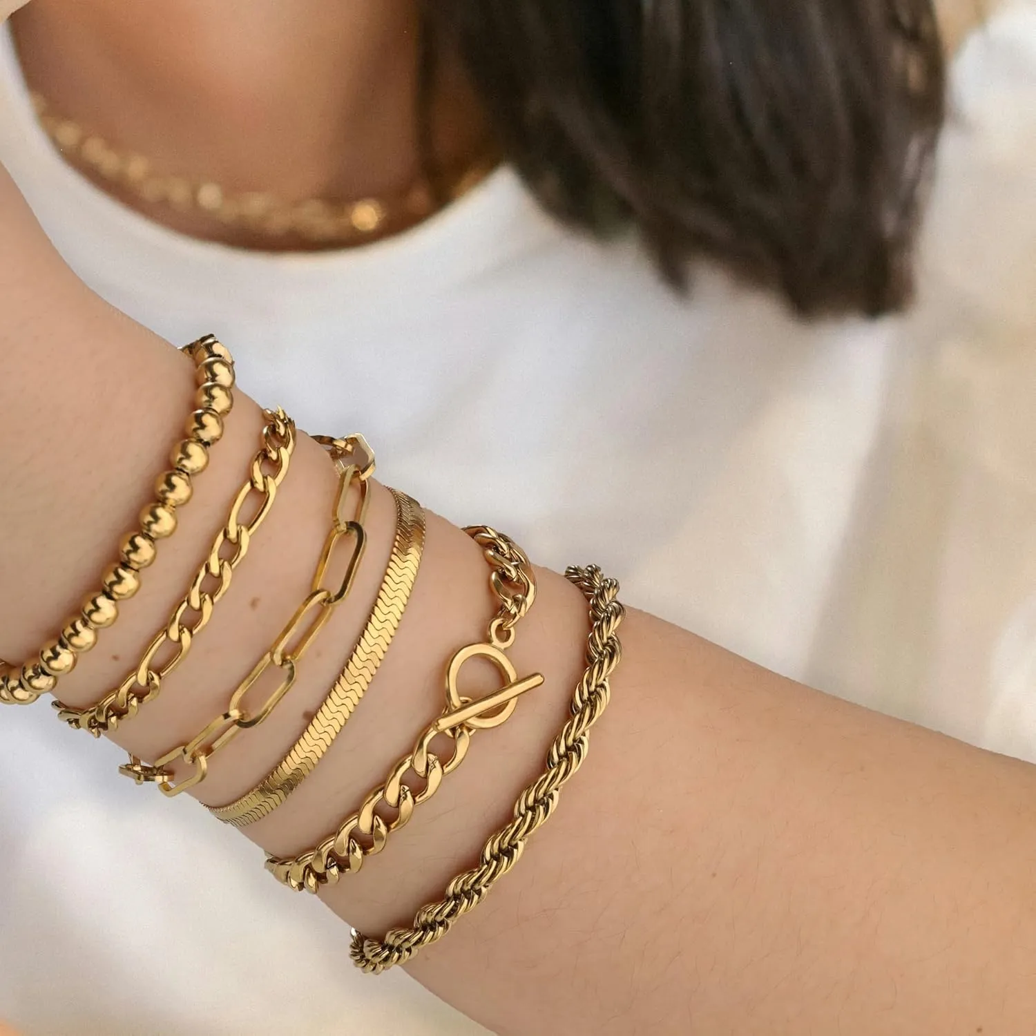Chunky Gold Bracelets for Women, 14K Gold Plated Bracelet Stack Non Tarnish Layered Cable Chain Herringbone Snake Cuban Paperclip Bracelet for Women Gift