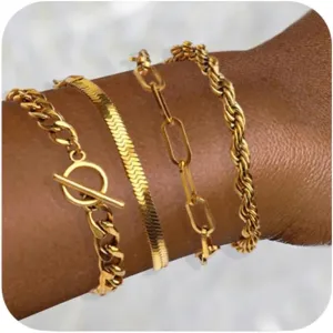 Chunky Gold Bracelets for Women, 14K Gold Plated Bracelet Stack Non Tarnish Layered Cable Chain Herringbone Snake Cuban Paperclip Bracelet for Women Gift