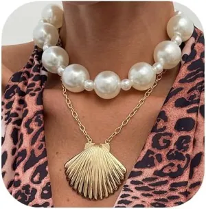 Chunky Pearl Necklace for Women Pearl Statement Necklace Layered Shell Charm Chain Choker Jewelry