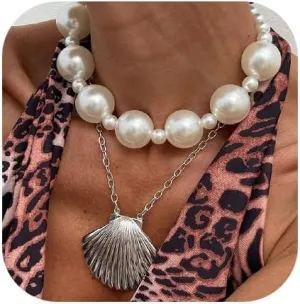 Chunky Pearl Necklace for Women Pearl Statement Necklace Layered Shell Charm Chain Choker Jewelry