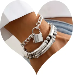Chunky Silver Charm Bracelets for Women Stackable Chain Bracelets Punk Gothic Bangle Jewelry