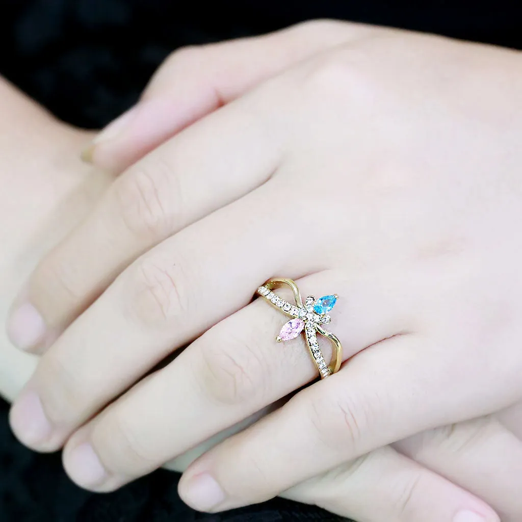 CJ3712 Wholesale Women's Stainless Steel IP Gold AAA Grade CZ Multi Color Blue & Pink Minimal Ring
