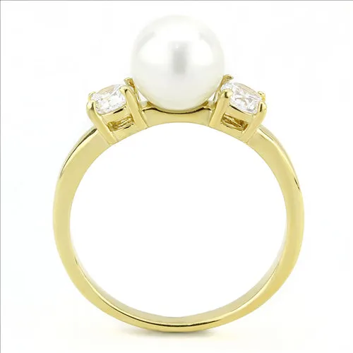 CJE3567 Wholesale Women's Stainless Steel IP Gold Synthetic Minimal White Pearl Ring