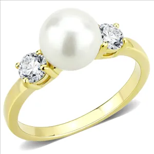 CJE3567 Wholesale Women's Stainless Steel IP Gold Synthetic Minimal White Pearl Ring