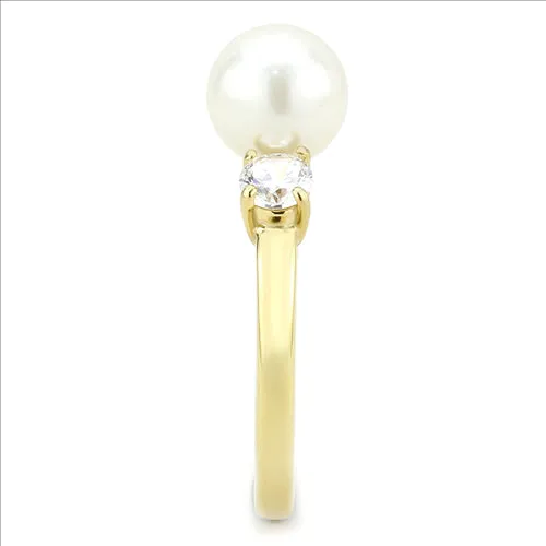 CJE3567 Wholesale Women's Stainless Steel IP Gold Synthetic Minimal White Pearl Ring