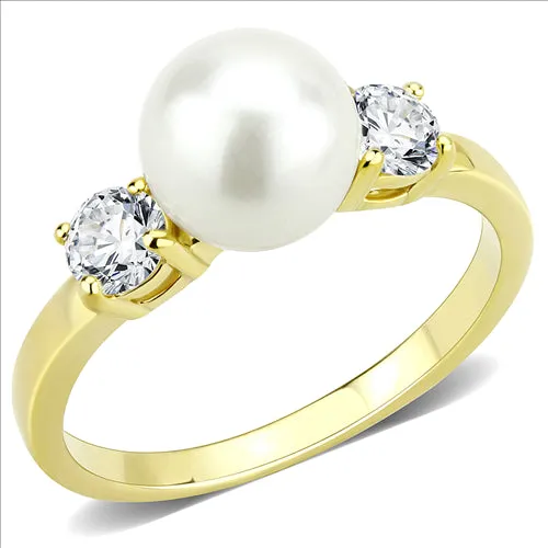 CJE3567 Wholesale Women's Stainless Steel IP Gold Synthetic Minimal White Pearl Ring