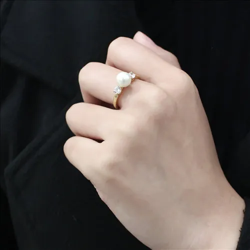 CJE3567 Wholesale Women's Stainless Steel IP Gold Synthetic Minimal White Pearl Ring