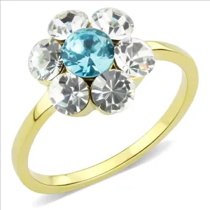 CJE3642 Wholesale Women's Stainless Steel IP Gold Synthetic Sea Blue Floral Ring