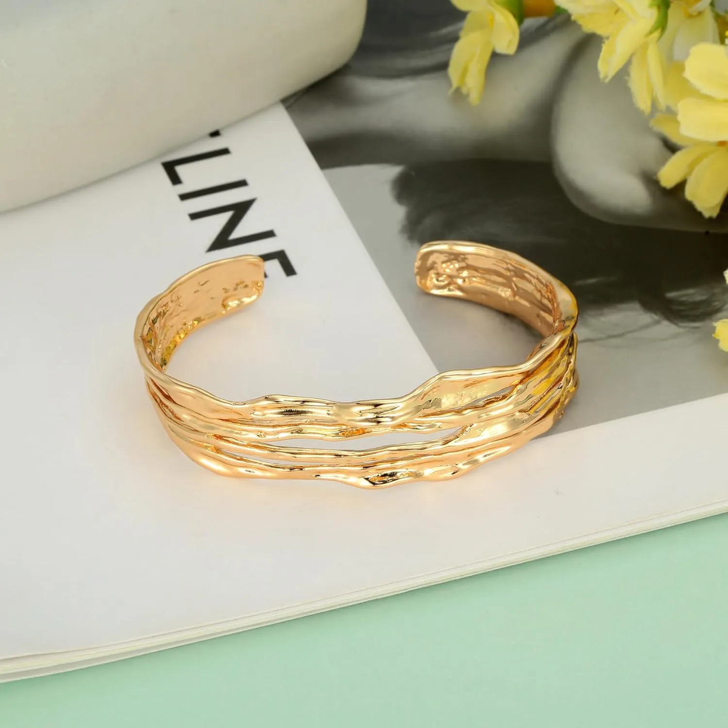 CLASSYZINT Dainty Gold/Silver Muilt-layer Cuff Bangle Bracelets For Women Adjustable Thin Minimalist Open Cuff Bracelet