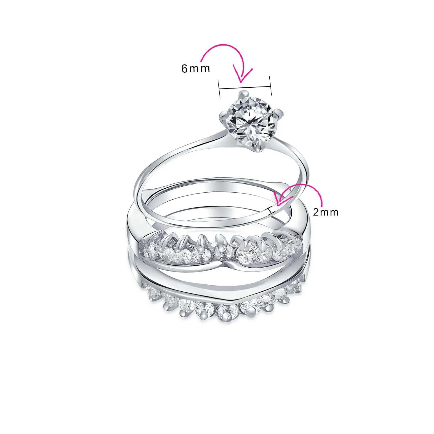 Cocktail Statement Ring: 1CT Round Solitaire CZ Band Guard Enhancer in Sterling Silver