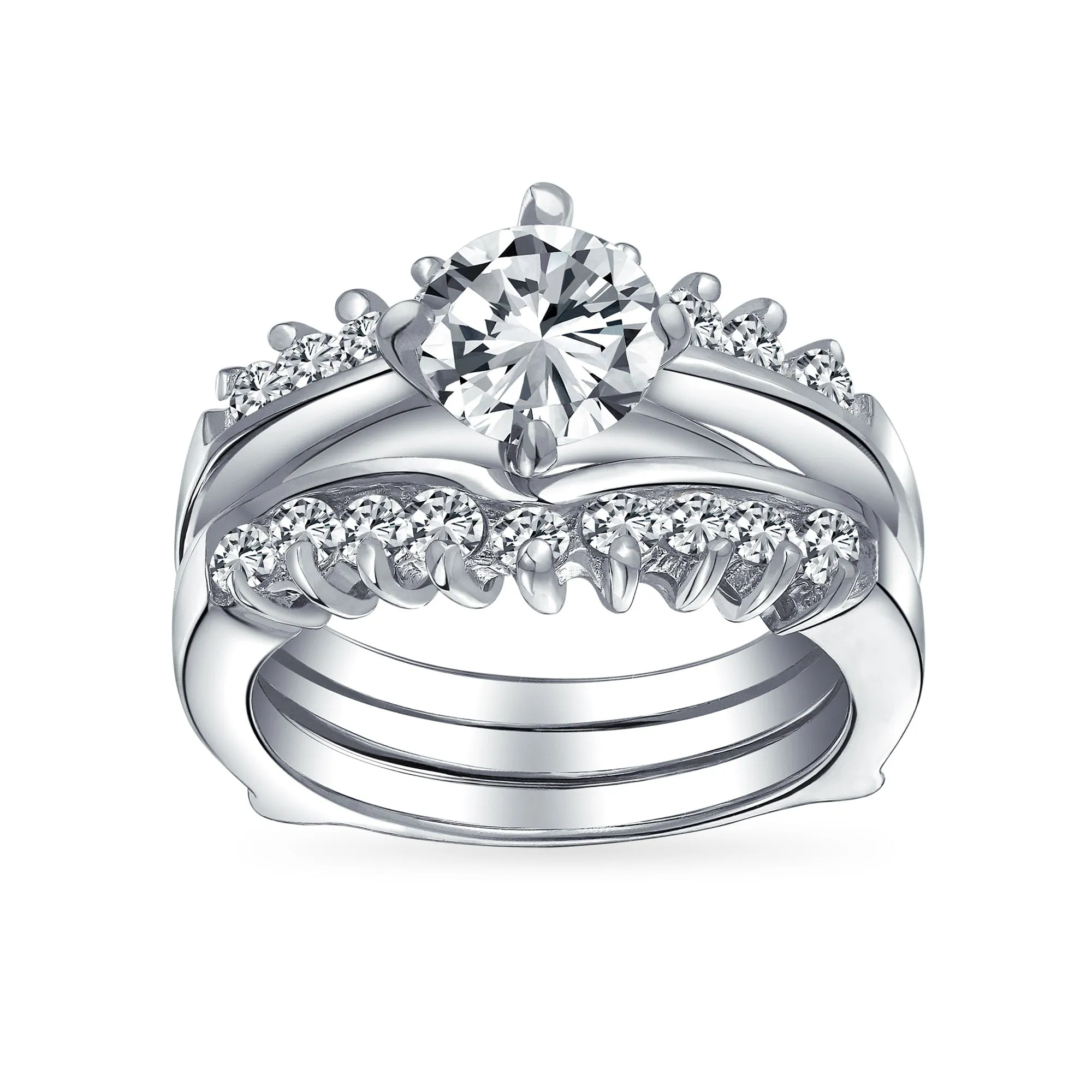 Cocktail Statement Ring: 1CT Round Solitaire CZ Band Guard Enhancer in Sterling Silver