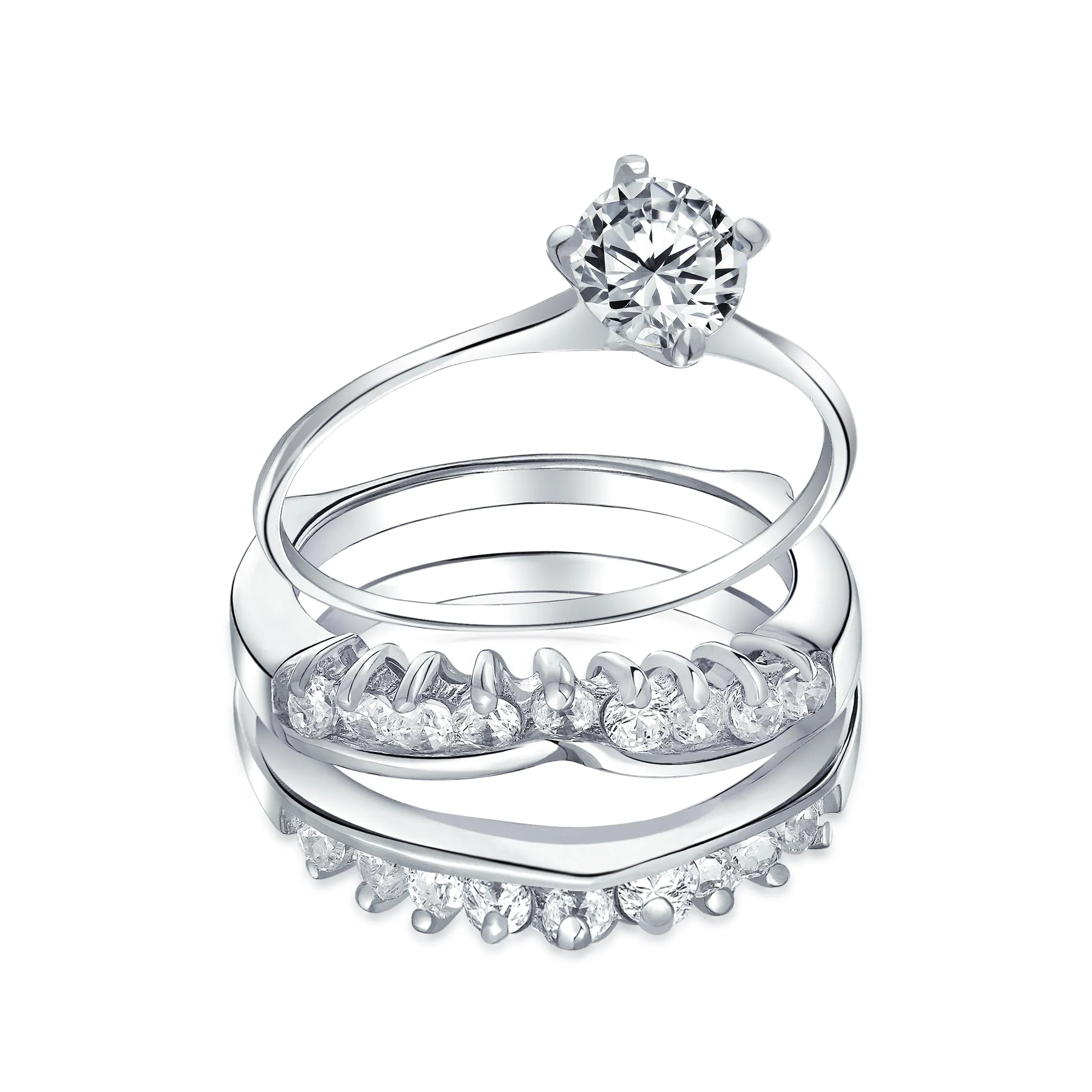 Cocktail Statement Ring: 1CT Round Solitaire CZ Band Guard Enhancer in Sterling Silver