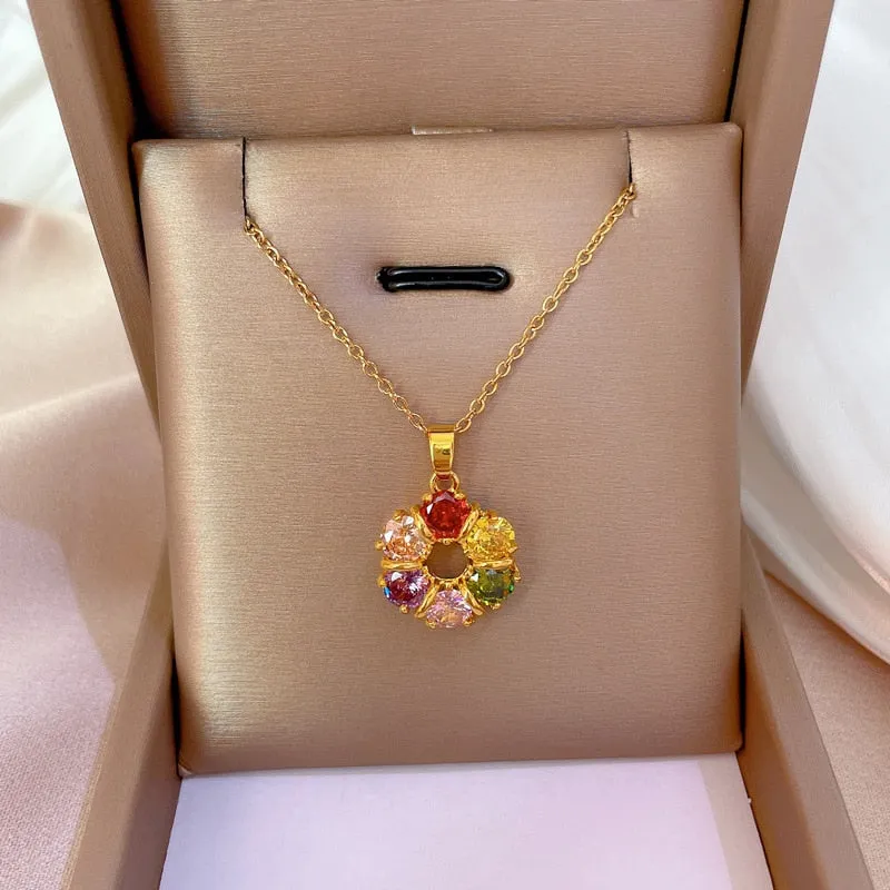 Color Round Cubic Zircon Pendant Necklace for Women