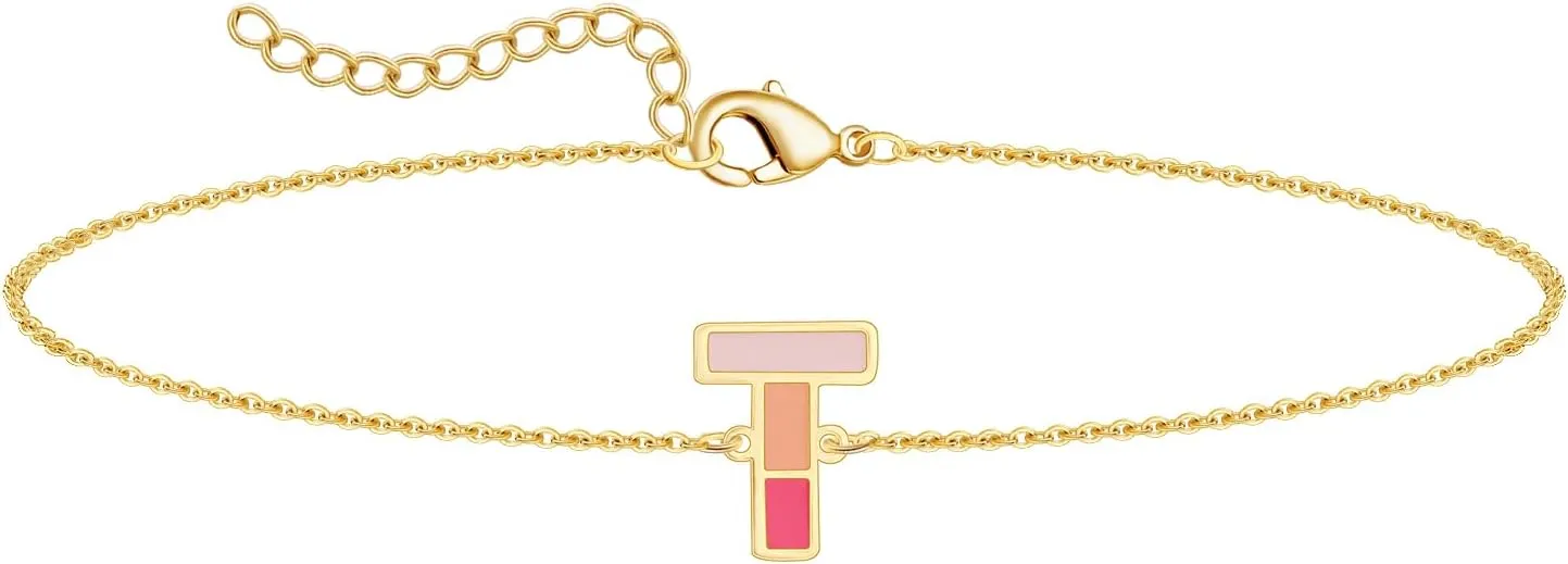 Colorful Initial Gold Summer Bracelets for women 14K Gold Plated Enamel Cute Letter Bracelet Jewelry Simple Fashion Chain Link Bracelets Dainty Gold Bracelets for Women Gift
