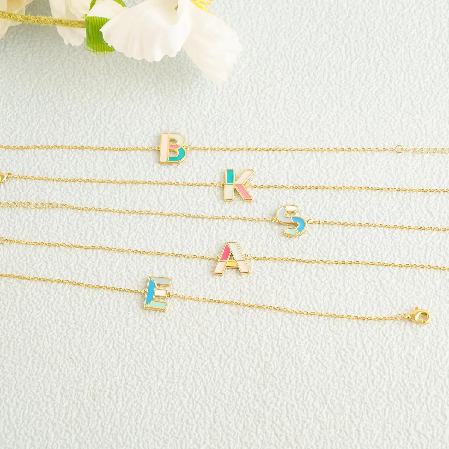 Colorful Initial Gold Summer Bracelets for women 14K Gold Plated Enamel Cute Letter Bracelet Jewelry Simple Fashion Chain Link Bracelets Dainty Gold Bracelets for Women Gift