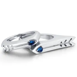 Couples ring set-His and hers promise rings-Matching heart and arrow ring-Silver custom ring engraved-Love signet ring-Pear shaped sapphire
