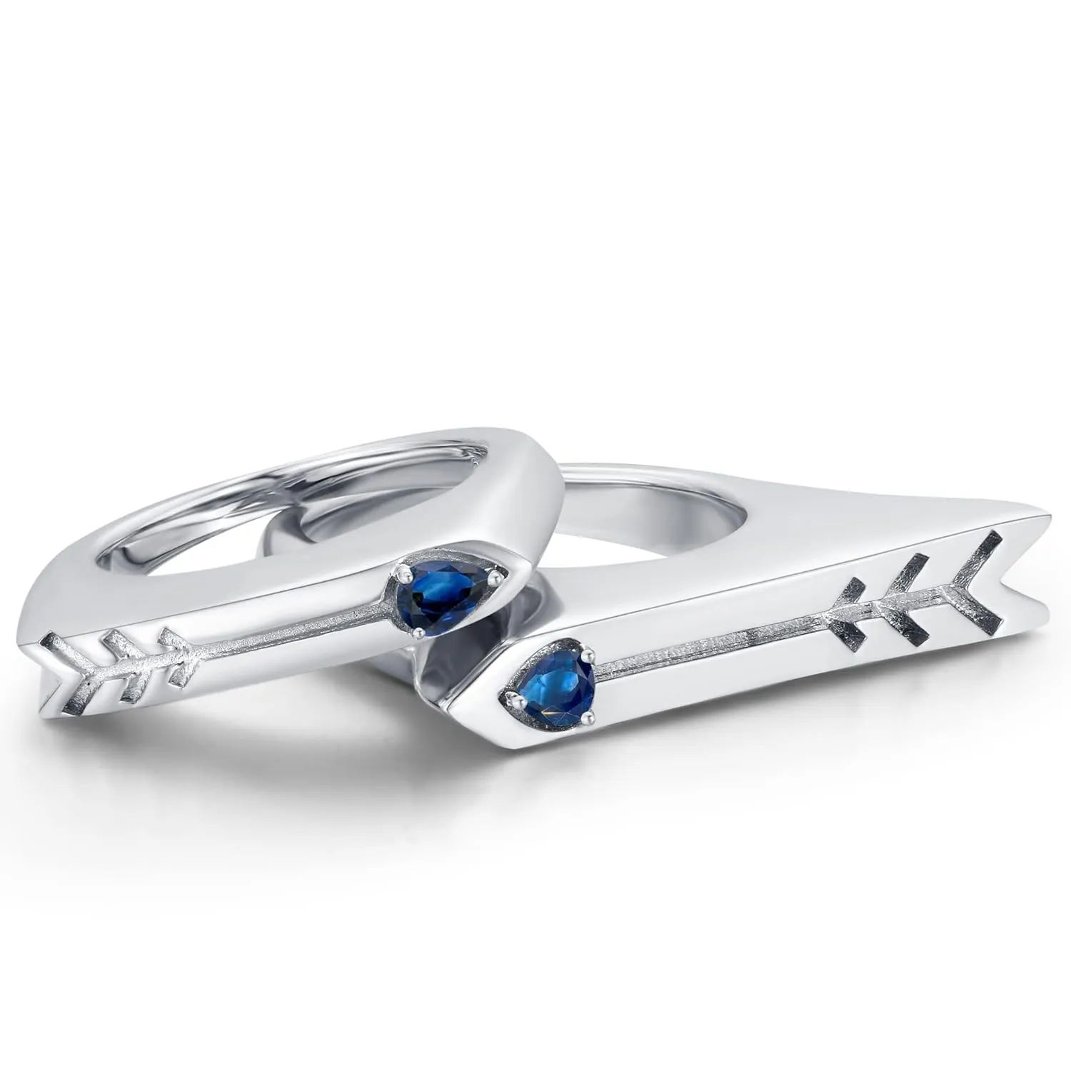 Couples ring set-His and hers promise rings-Matching heart and arrow ring-Silver custom ring engraved-Love signet ring-Pear shaped sapphire