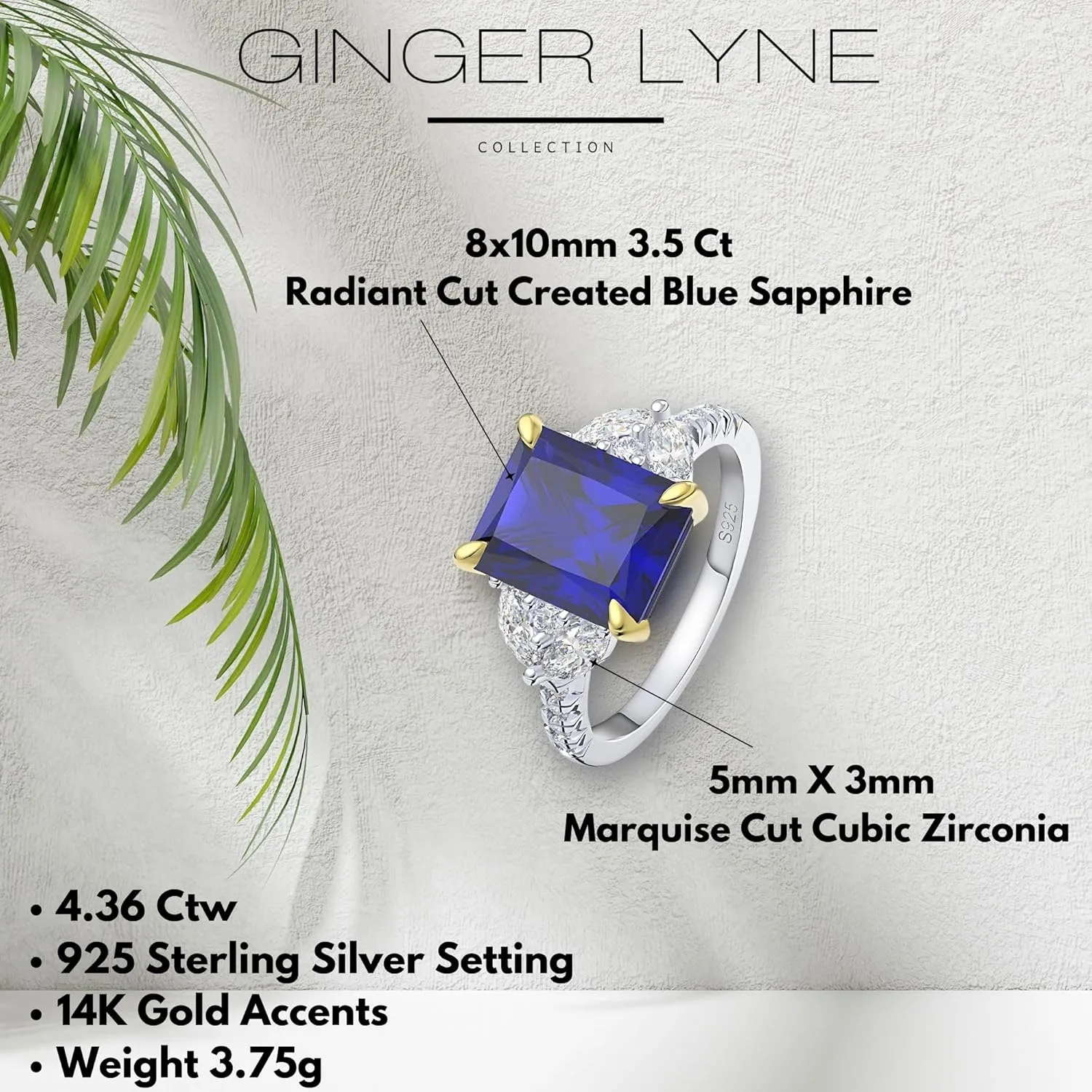Created Blue Sapphire Rings for Women Sterling Silver 14k Gold Accents 3.5 Ct Blue Gemstone Engagement or Bridal for Women | September Birthstone Ring by Ginger Lyne | Faux Simulated Diamond
