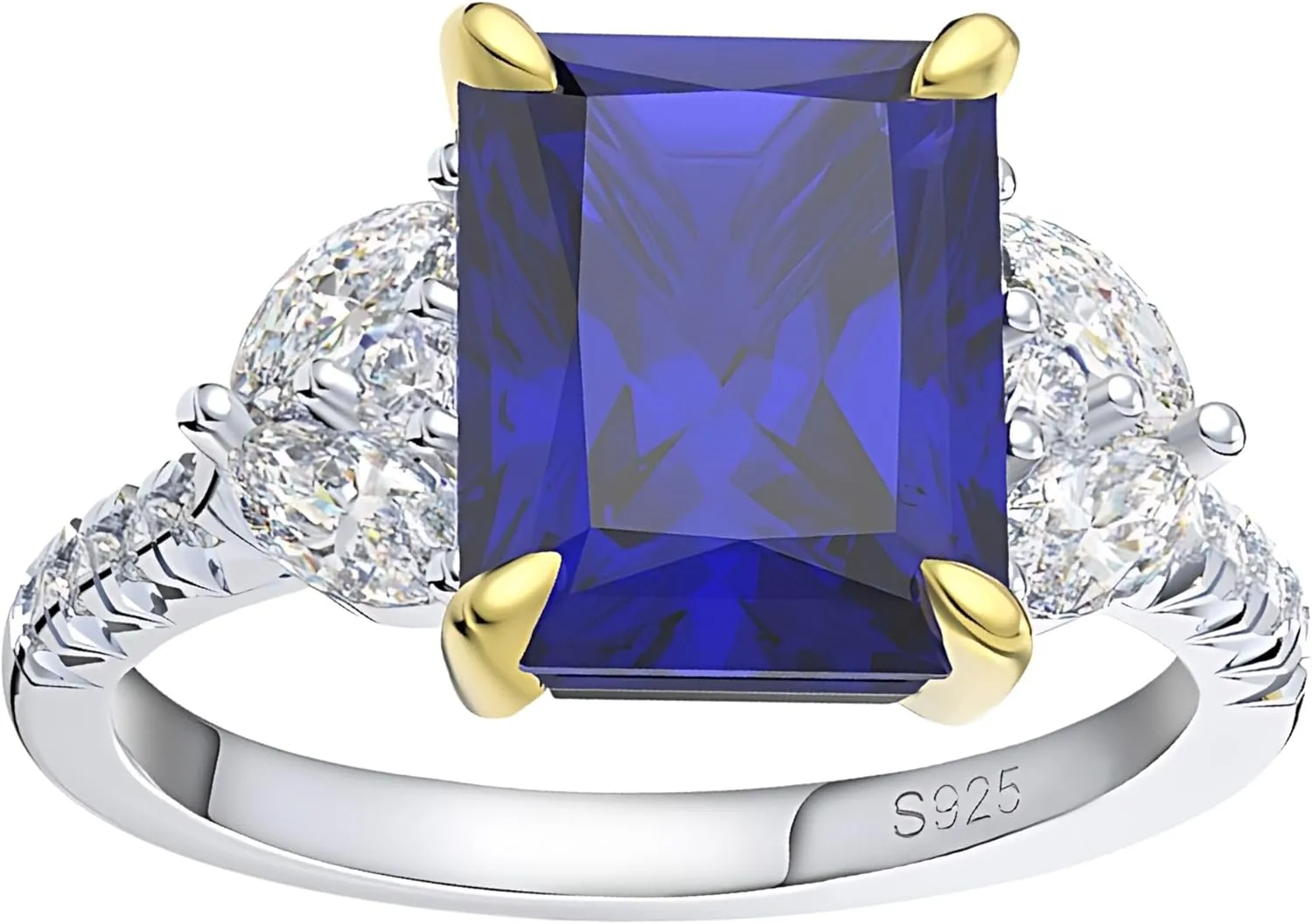 Created Blue Sapphire Rings for Women Sterling Silver 14k Gold Accents 3.5 Ct Blue Gemstone Engagement or Bridal for Women | September Birthstone Ring by Ginger Lyne | Faux Simulated Diamond
